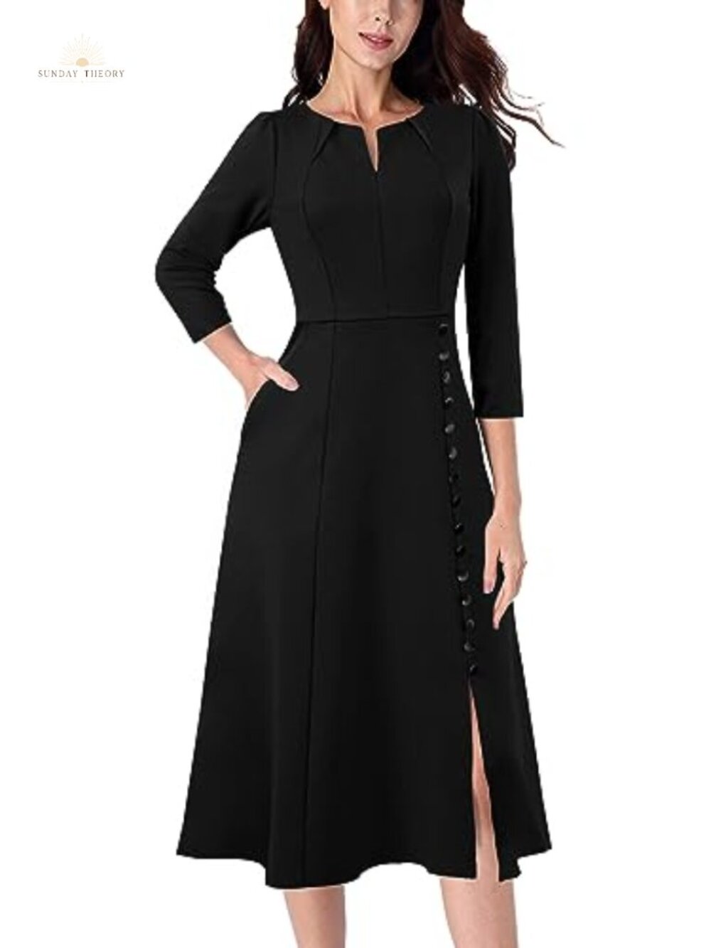 Womens Work Office Church Midi Dress Pockets Buttons A-Line 3/4 Sleeve